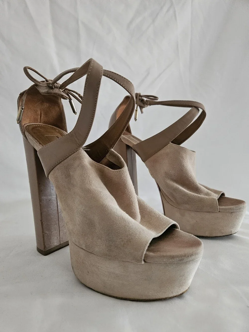 Aquazzura Beige Taupe Suede Platform Peep-Toe Heels